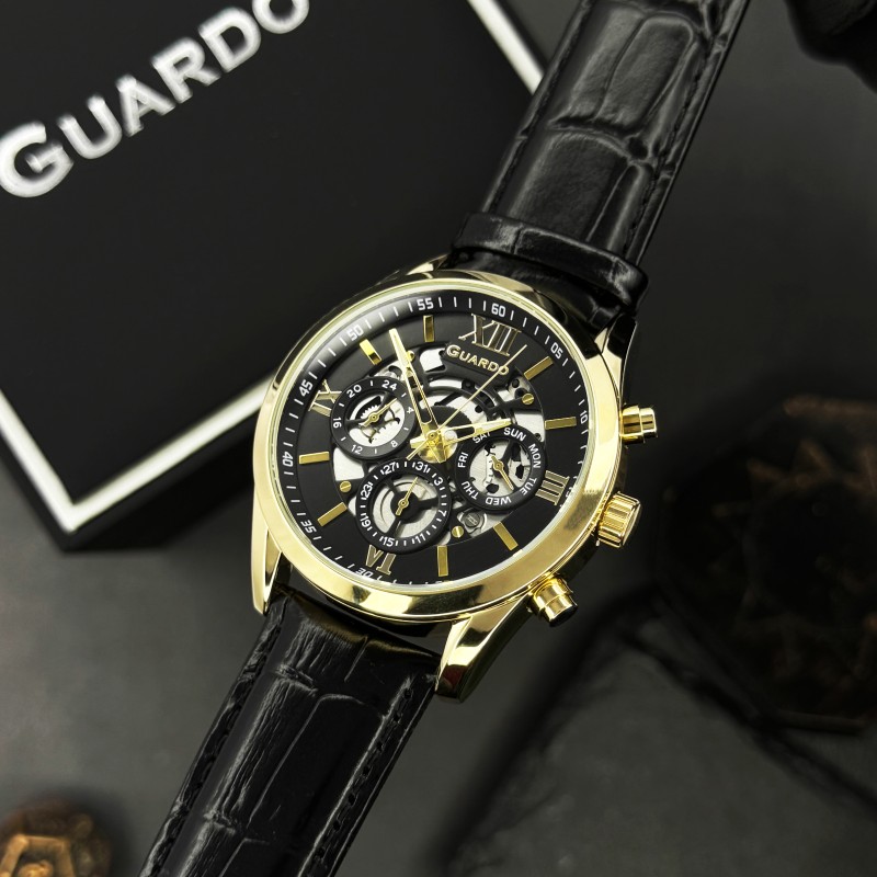 Мужские наручные часы Guardo 012837-6 Gold/Black с календарем и кожаным ремешком