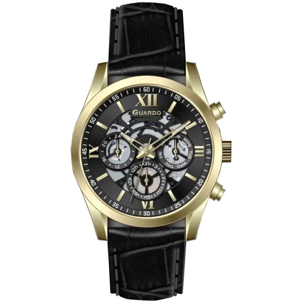 Мужские наручные часы Guardo 012837-6 Gold/Black с календарем и кожаным ремешком