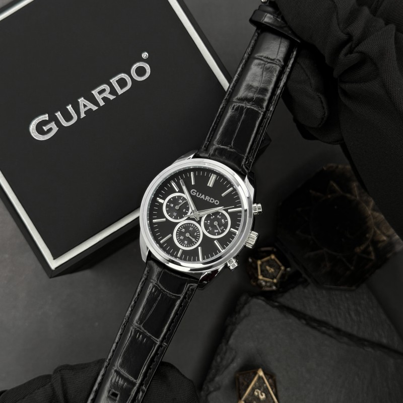 Чоловічий наручний годинник Guardo 012836-1 Silver-Black у класичному стилі з календарем