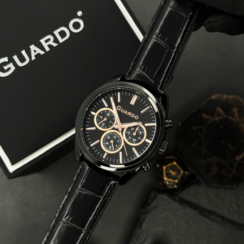 Чоловічий наручний годинник Guardo 012836-3 Black з нержавіючої сталі та шкіряним ремінцем