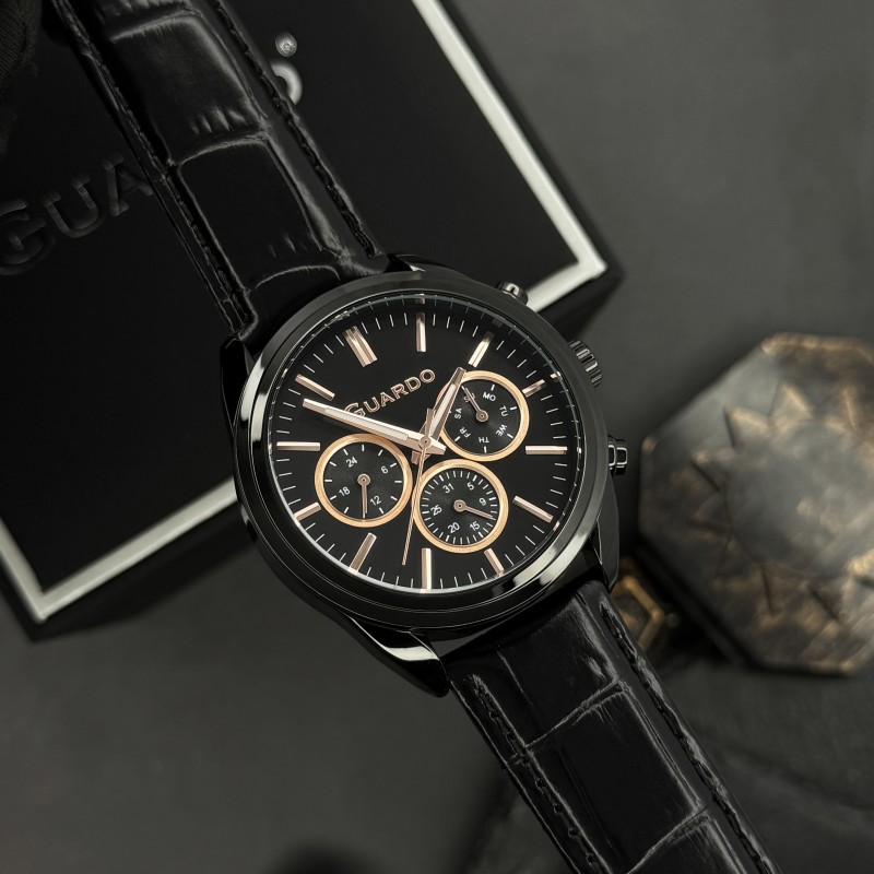Чоловічий наручний годинник Guardo 012836-3 Black з нержавіючої сталі та шкіряним ремінцем