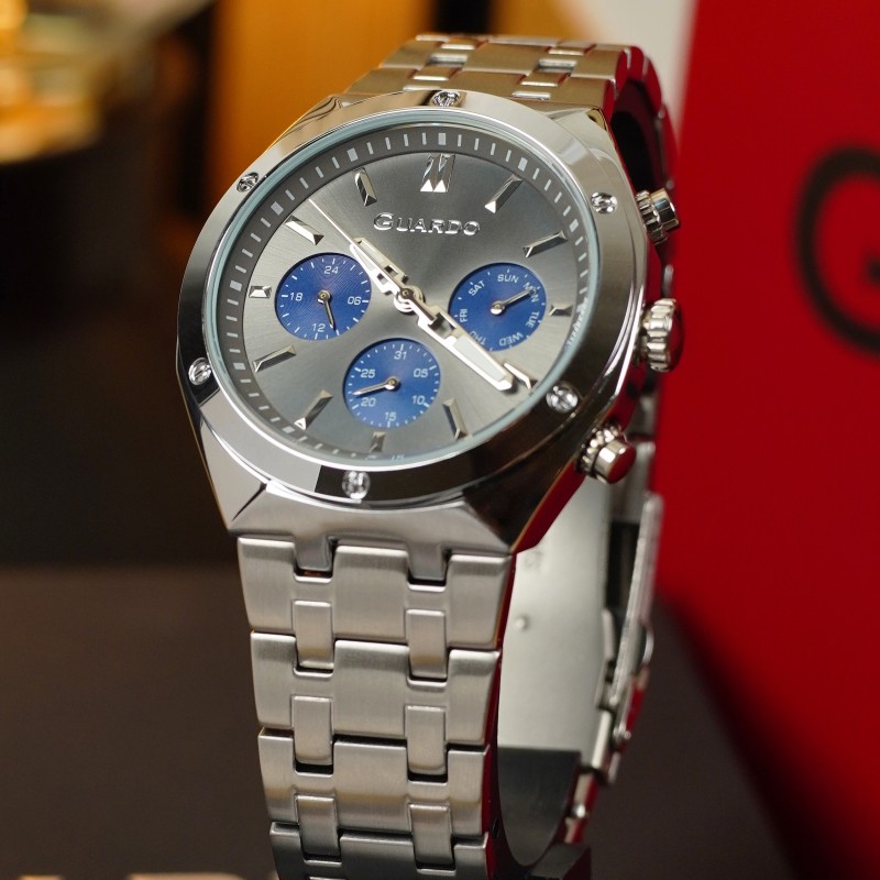 Чоловічий наручний годинник Guardo 012781-5 Silver-Grey з календарем та металевим браслетом