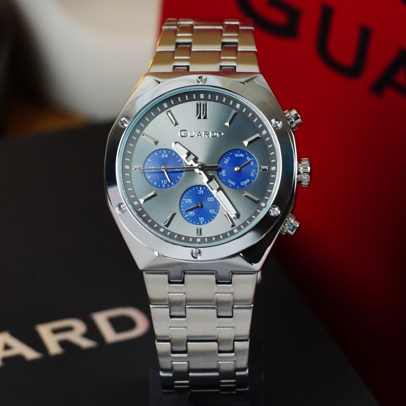 Чоловічий наручний годинник Guardo 012781-5 Silver-Grey з календарем та металевим браслетом