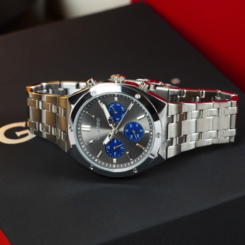 Чоловічий наручний годинник Guardo 012781-5 Silver-Grey з календарем та металевим браслетом