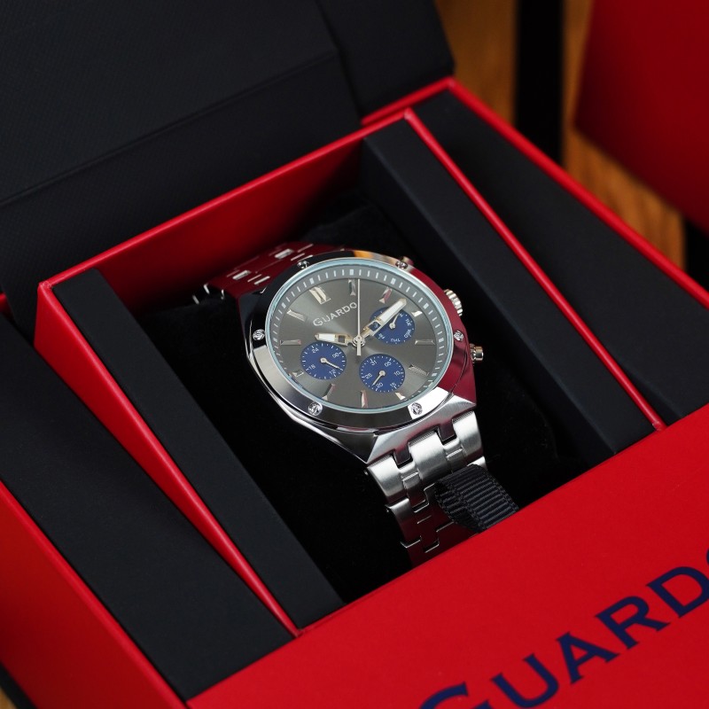 Чоловічий наручний годинник Guardo 012781-5 Silver-Grey з календарем та металевим браслетом