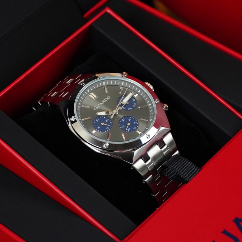 Чоловічий наручний годинник Guardo 012781-5 Silver-Grey з календарем та металевим браслетом