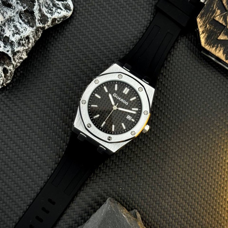 Чоловічий наручний годинник Guardo 012752-1 Silver-Black на каучуковому ремінці