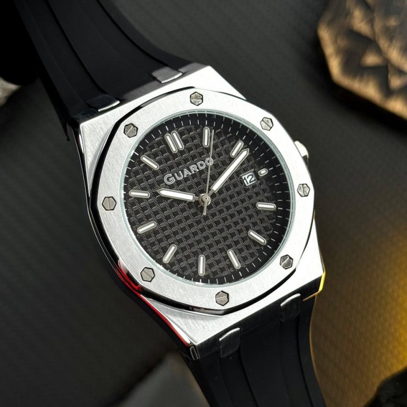 Чоловічий наручний годинник Guardo 012752-1 Silver-Black на каучуковому ремінці