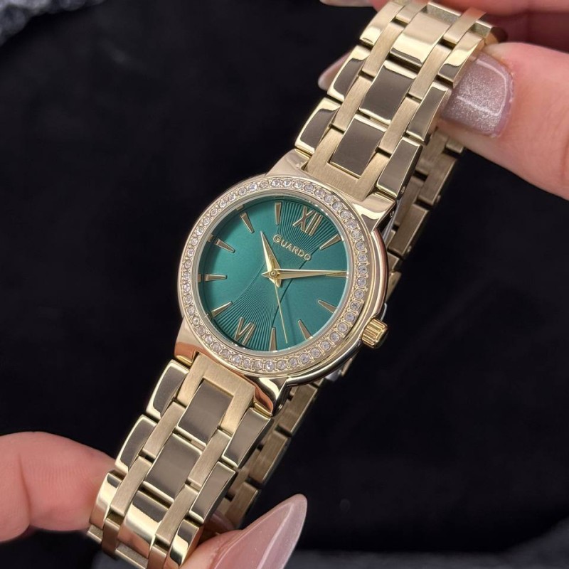 Жіночий наручний годинник Guardo 012772-3 Gold/Green з італійським дизайном та мінеральним склом