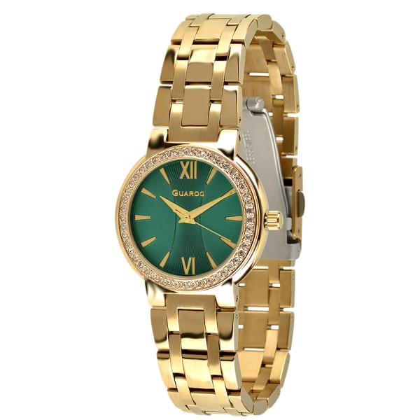 Жіночий наручний годинник Guardo 012772-3 Gold/Green з італійським дизайном та мінеральним склом