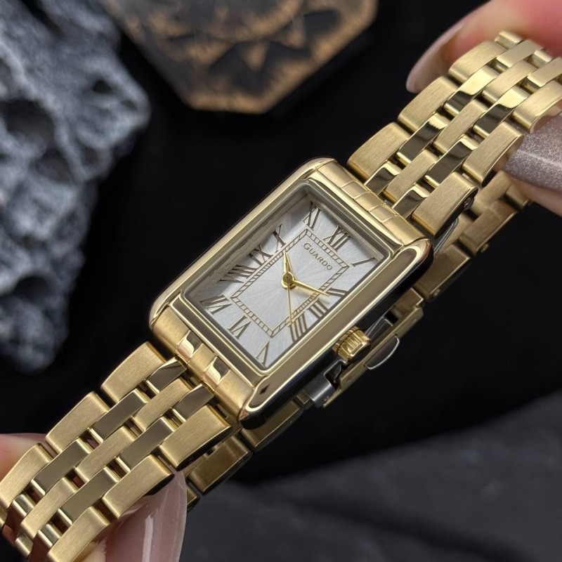 Женские часы Guardo 012796-1 Gold-Silver с прямоугольным корпусом и металлическим браслетом