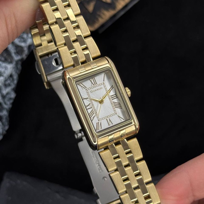Женские часы Guardo 012796-1 Gold-Silver с прямоугольным корпусом и металлическим браслетом