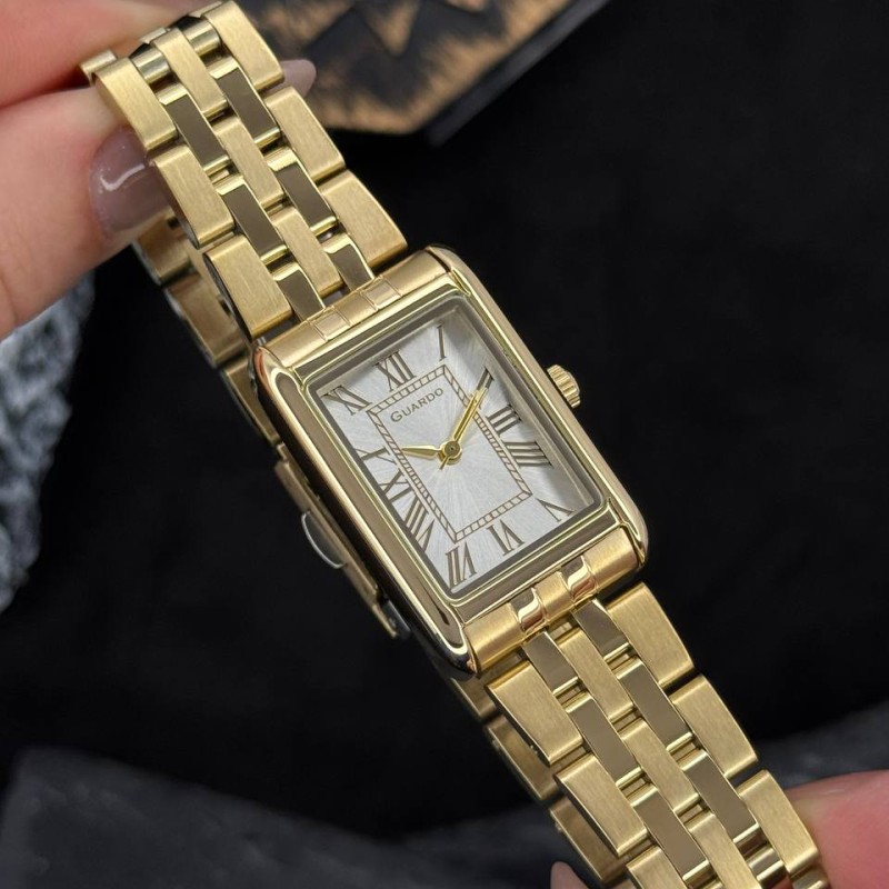 Женские часы Guardo 012796-1 Gold-Silver с прямоугольным корпусом и металлическим браслетом