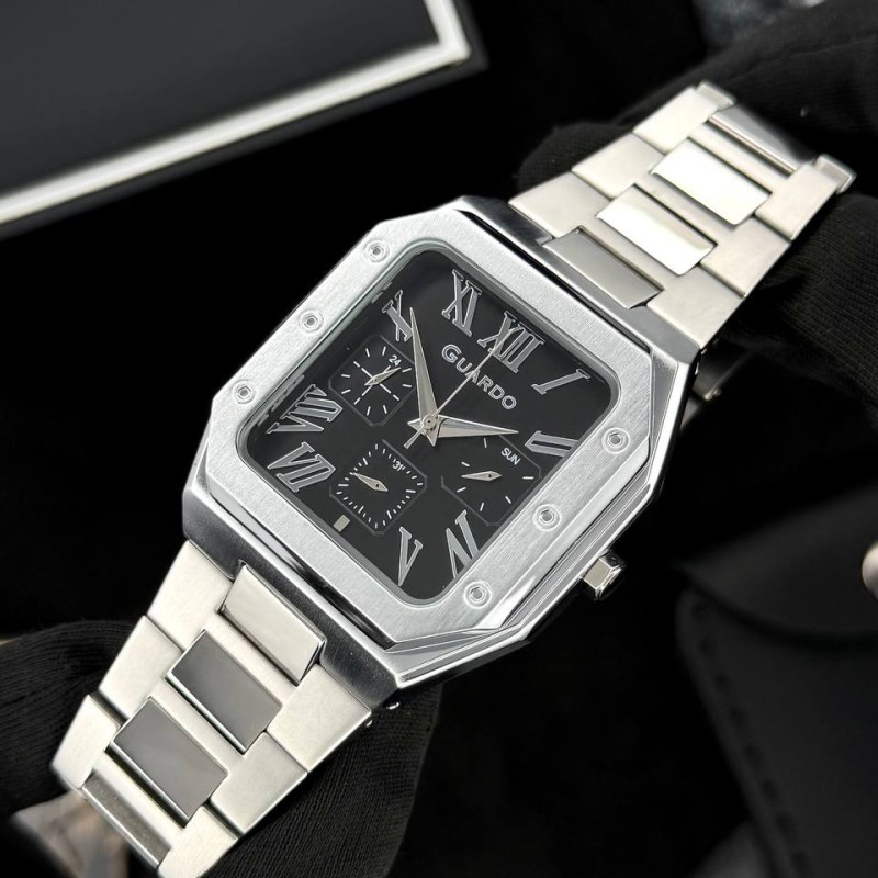 Мужские часы Guardo 012726-1 M Silver-Black в квадратном корпусе с браслетом