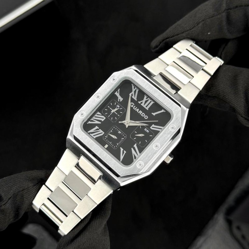 Мужские часы Guardo 012726-1 M Silver-Black в квадратном корпусе с браслетом