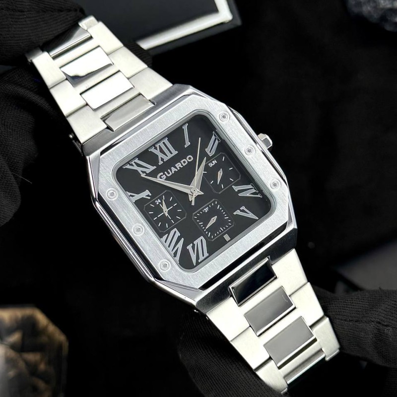 Мужские часы Guardo 012726-1 M Silver-Black в квадратном корпусе с браслетом