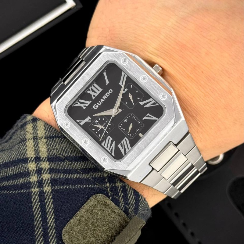 Мужские часы Guardo 012726-1 M Silver-Black в квадратном корпусе с браслетом