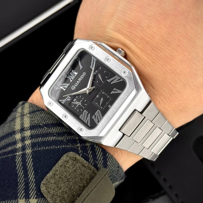Мужские часы Guardo 012726-1 M Silver-Black в квадратном корпусе с браслетом