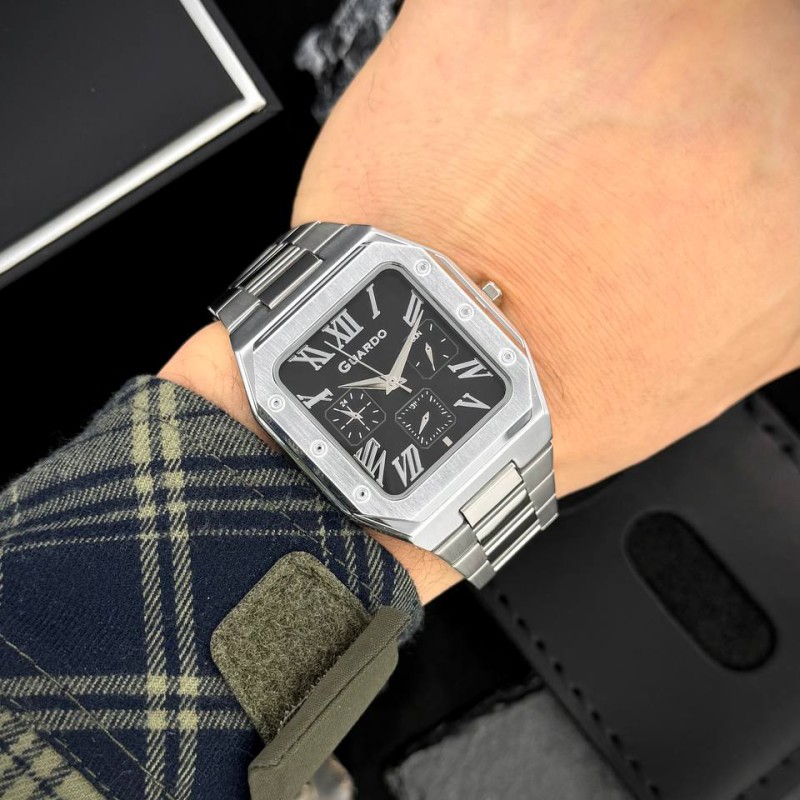 Мужские часы Guardo 012726-1 M Silver-Black в квадратном корпусе с браслетом