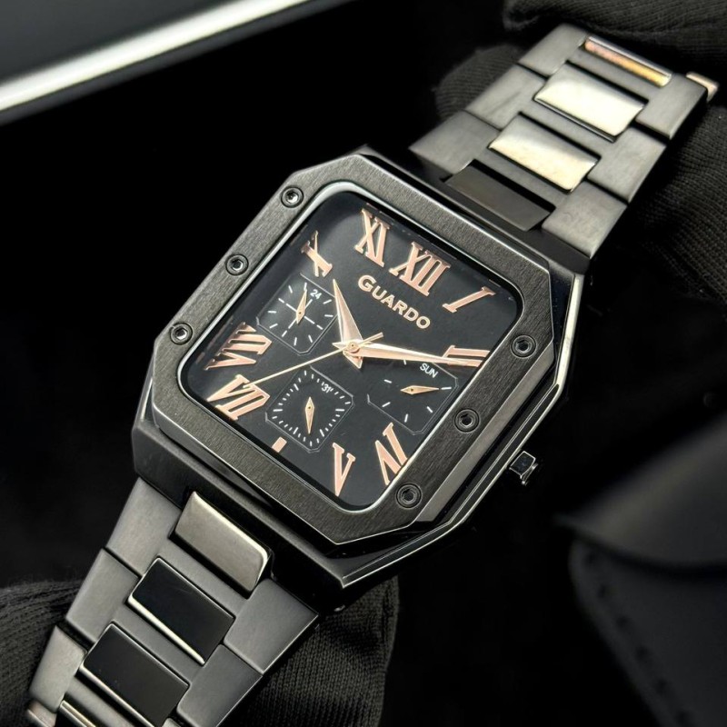 Чоловічий наручний годинник Guardo 012726-4 M Black у квадратному корпусі з браслетом