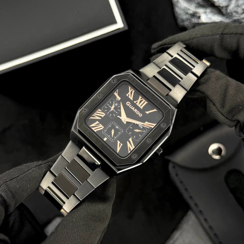 Чоловічий наручний годинник Guardo 012726-4 M Black у квадратному корпусі з браслетом
