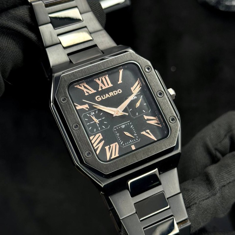 Чоловічий наручний годинник Guardo 012726-4 M Black у квадратному корпусі з браслетом