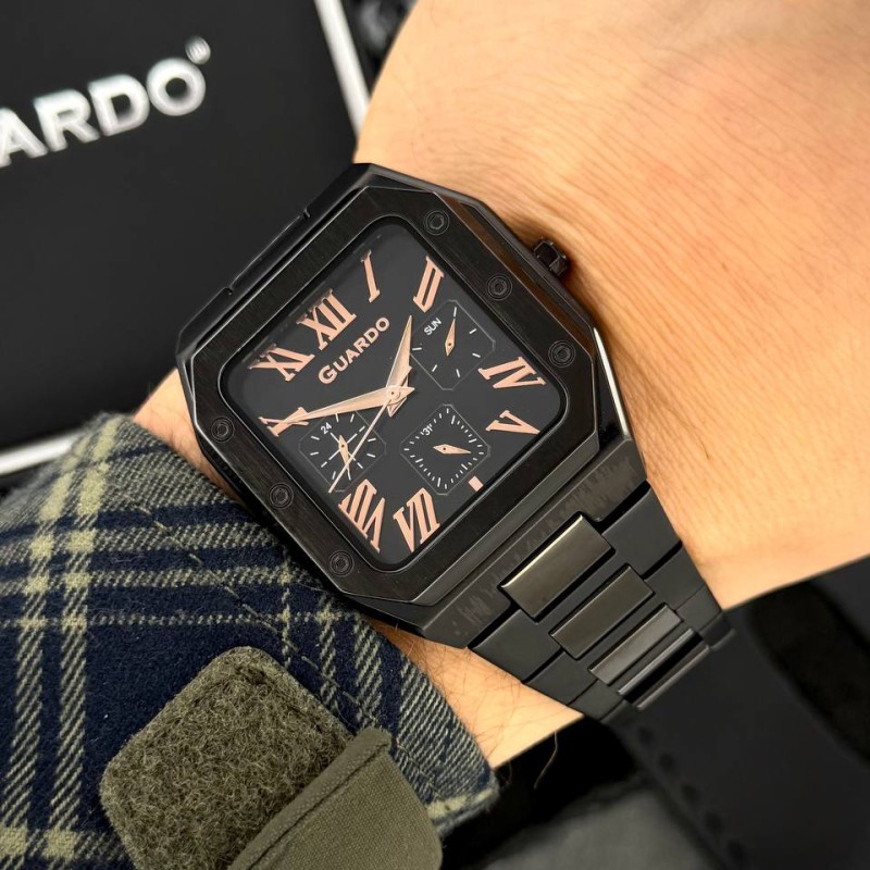 Чоловічий наручний годинник Guardo 012726-4 M Black у квадратному корпусі з браслетом