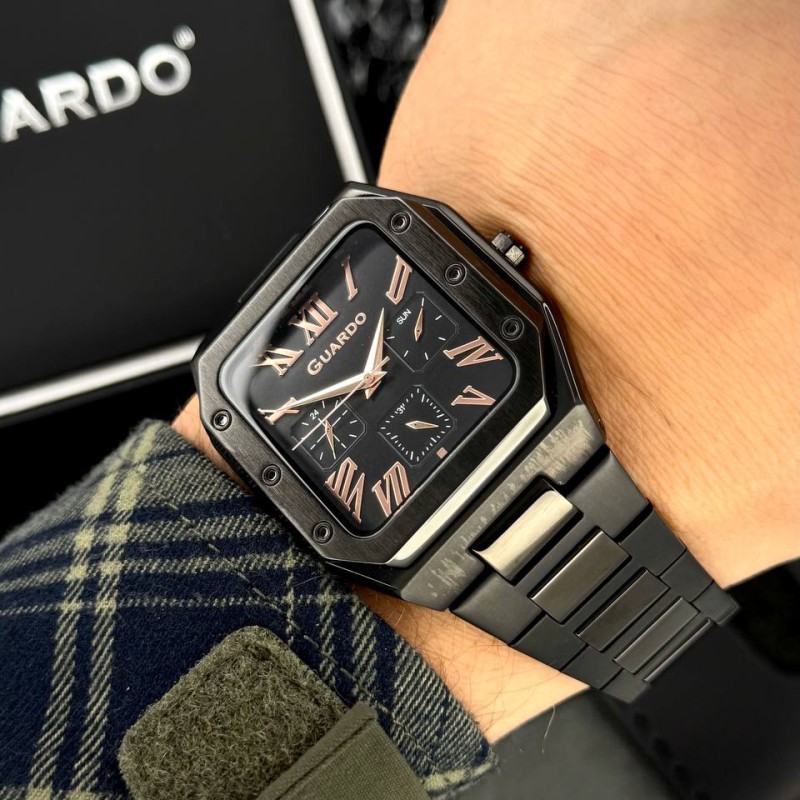 Чоловічий наручний годинник Guardo 012726-4 M Black у квадратному корпусі з браслетом