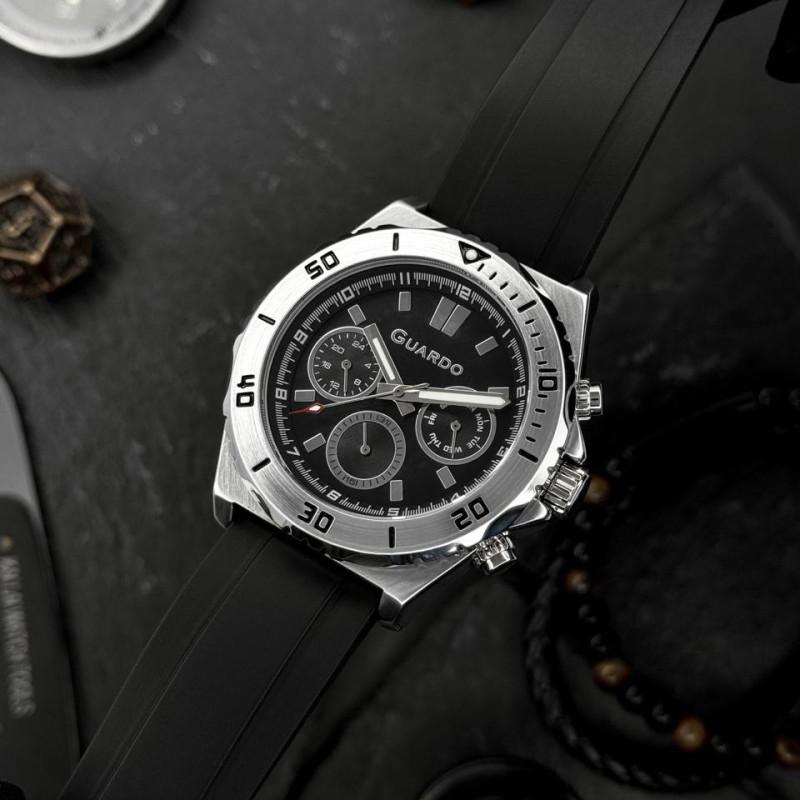 Чоловічий наручний годинник Guardo 012757-1 Silver-Black — сталевий корпус, каучуковий ремінець, 3 ATM