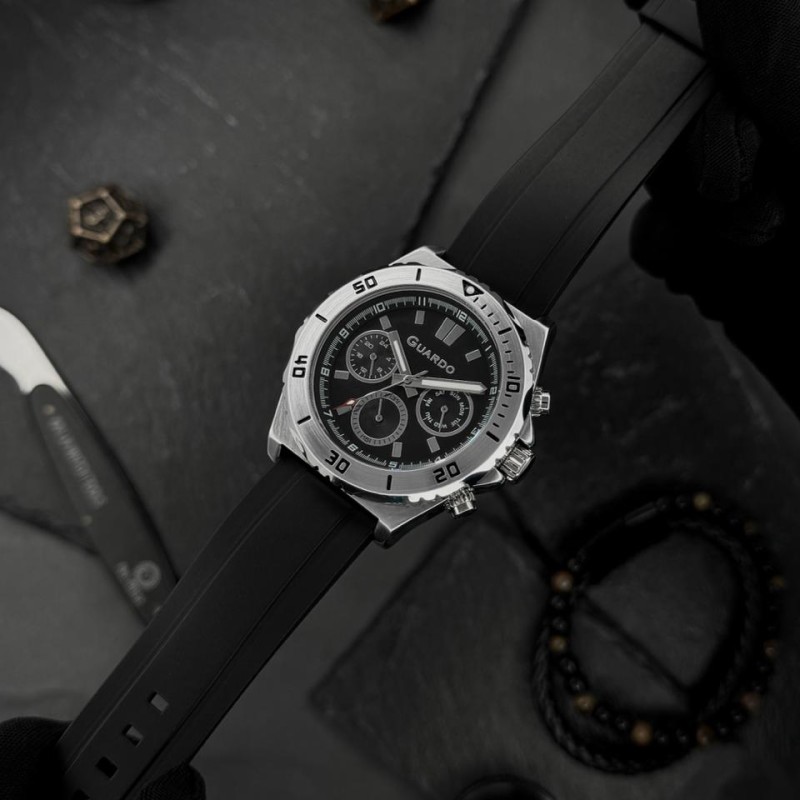 Чоловічий наручний годинник Guardo 012757-1 Silver-Black — сталевий корпус, каучуковий ремінець, 3 ATM