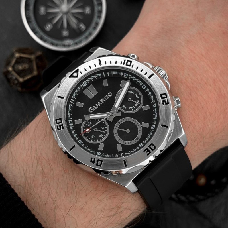 Чоловічий наручний годинник Guardo 012757-1 Silver-Black — сталевий корпус, каучуковий ремінець, 3 ATM
