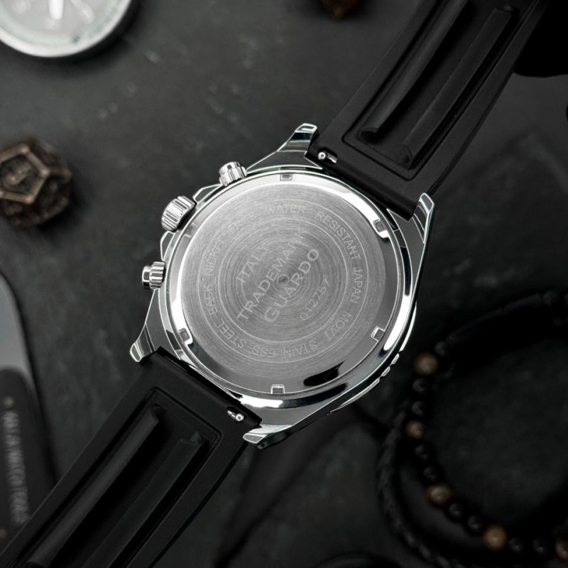 Чоловічий наручний годинник Guardo 012757-1 Silver-Black — сталевий корпус, каучуковий ремінець, 3 ATM