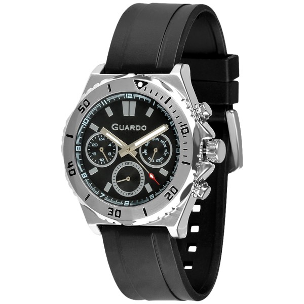 Чоловічий наручний годинник Guardo 012757-1 Silver-Black — сталевий корпус, каучуковий ремінець, 3 ATM