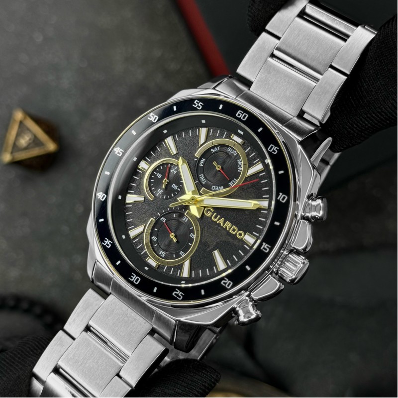 Чоловічий годинник Guardo 012782-7 Silver-Black — класичний сталевий браслет з функцією дати та дня тижня