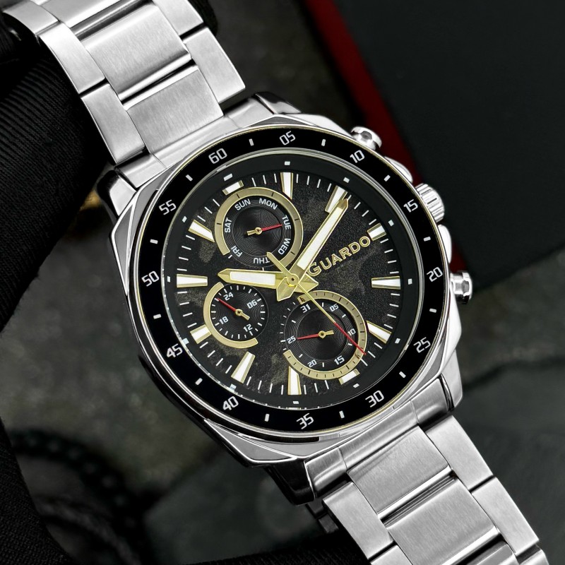 Чоловічий годинник Guardo 012782-7 Silver-Black — класичний сталевий браслет з функцією дати та дня тижня