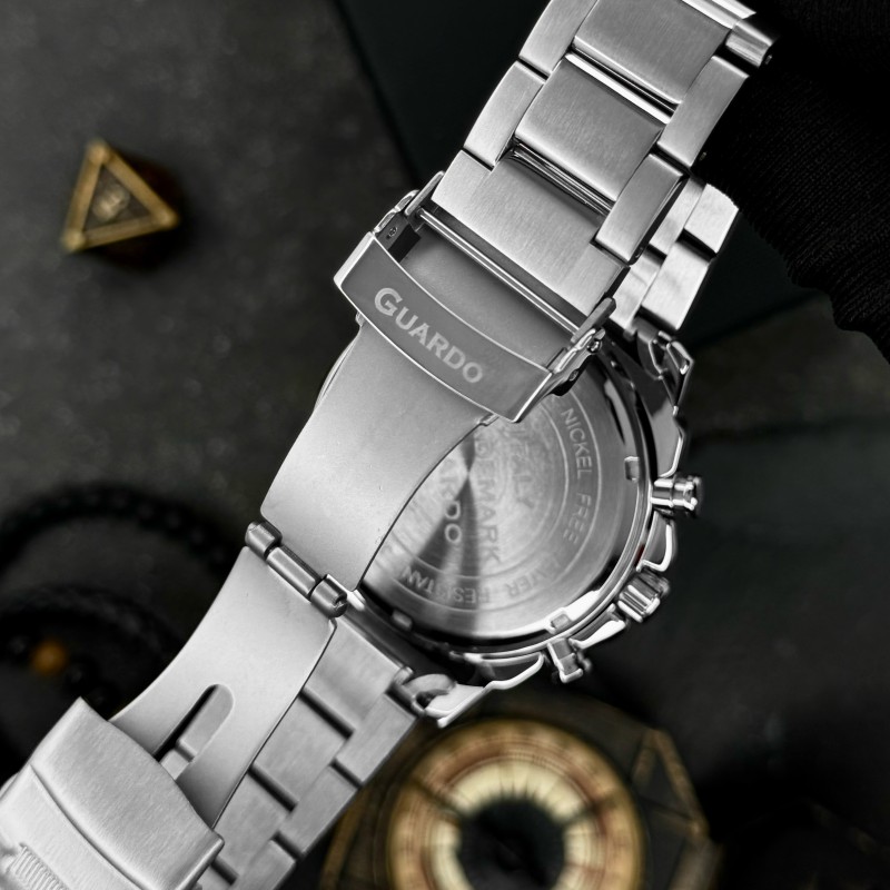 Чоловічий годинник Guardo 012782-7 Silver-Black — класичний сталевий браслет з функцією дати та дня тижня