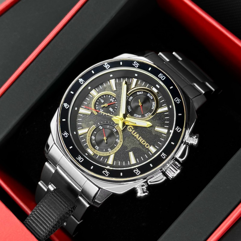 Чоловічий годинник Guardo 012782-7 Silver-Black — класичний сталевий браслет з функцією дати та дня тижня