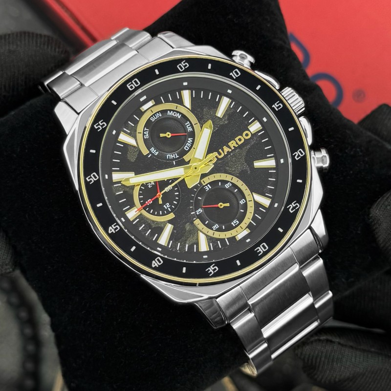 Чоловічий годинник Guardo 012782-7 Silver-Black — класичний сталевий браслет з функцією дати та дня тижня