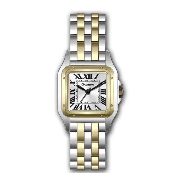 Жіночий наручний годинник Guardo 012825-8 Silver-Gold з прямокутним корпусом та металевим браслетом