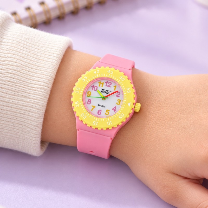 Детские часы Better 004 Pink-Yellow-White для девочек, кварцевые со стрелочным циферблатом