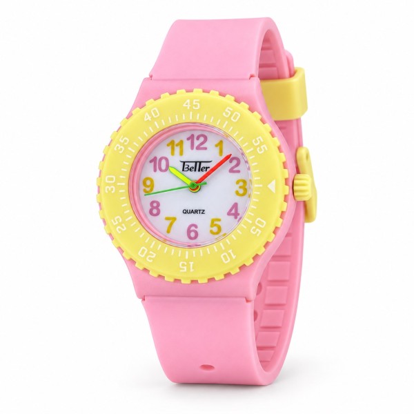 Детские часы Better 004 Pink-Yellow-White для девочек, кварцевые со стрелочным циферблатом