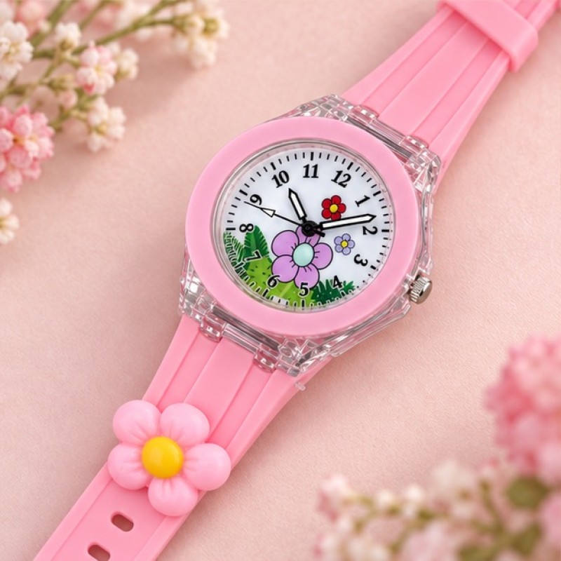 Детские часы Better 005 Flowers Pink-White для девочек, розовый силиконовый ремешок, кварцевый механизм