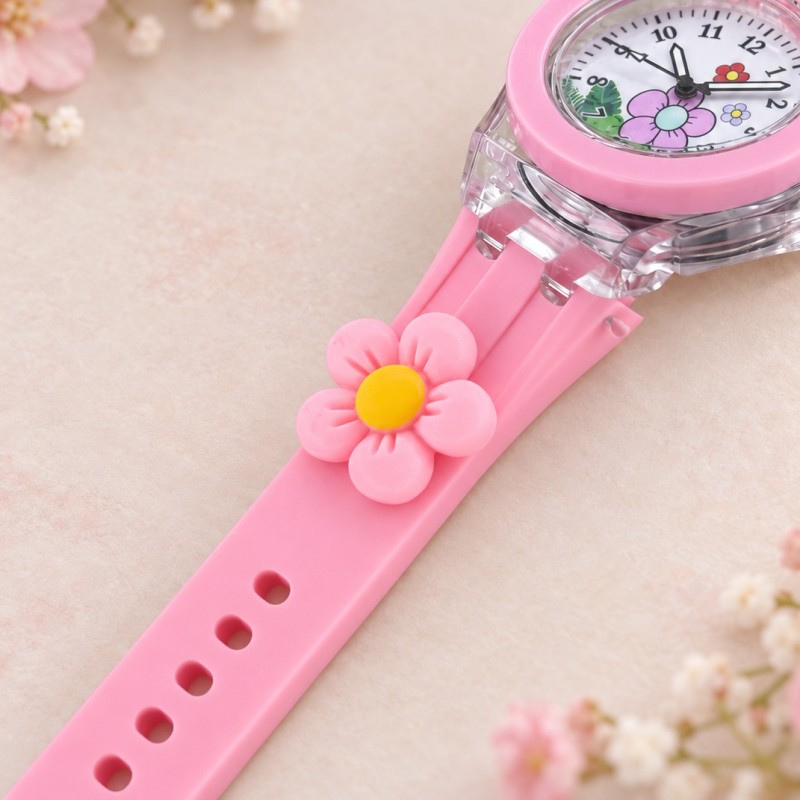 Детские часы Better 005 Flowers Pink-White для девочек, розовый силиконовый ремешок, кварцевый механизм