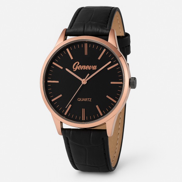 Мужские часы Geneva 0204 Rose Gold-Black (1184-0305) в классическом стиле с черным ремешком