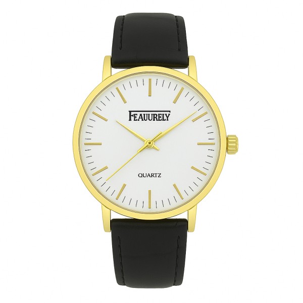 Мужские часы Featurely 0205 Gold-White, кварцевый механизм, черный ремешок (1184-0309)