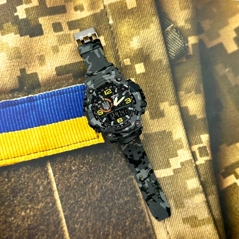 Чоловічий тактичний годинник Patriot 002CMGYUASI Тризуб з підсвічуванням та камуфляжним ремінцем