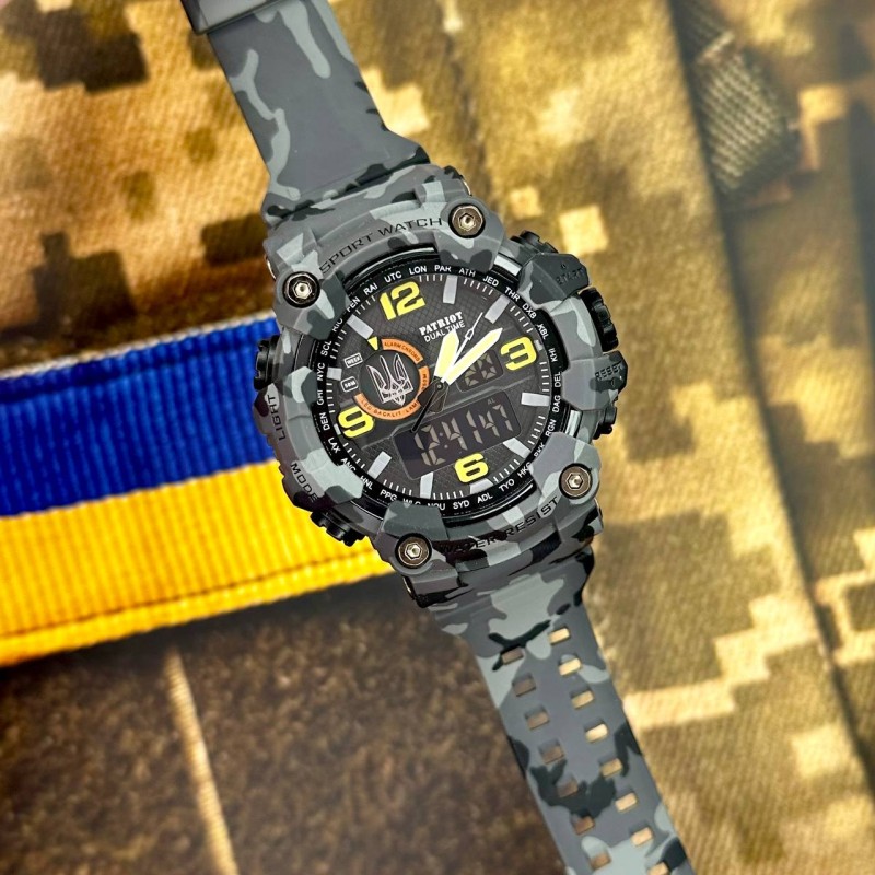 Чоловічий тактичний годинник Patriot 002CMGYUASI Тризуб з підсвічуванням та камуфляжним ремінцем