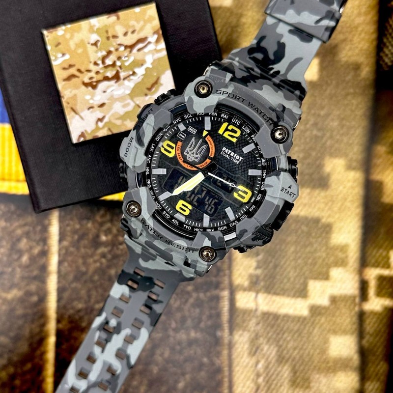 Чоловічий тактичний годинник Patriot 002CMGYUASI Тризуб з підсвічуванням та камуфляжним ремінцем