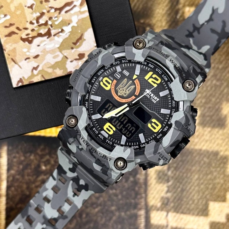 Чоловічий тактичний годинник Patriot 002CMGYUAGD Тризуб Сірий камуфляж з комбінованим циферблатом