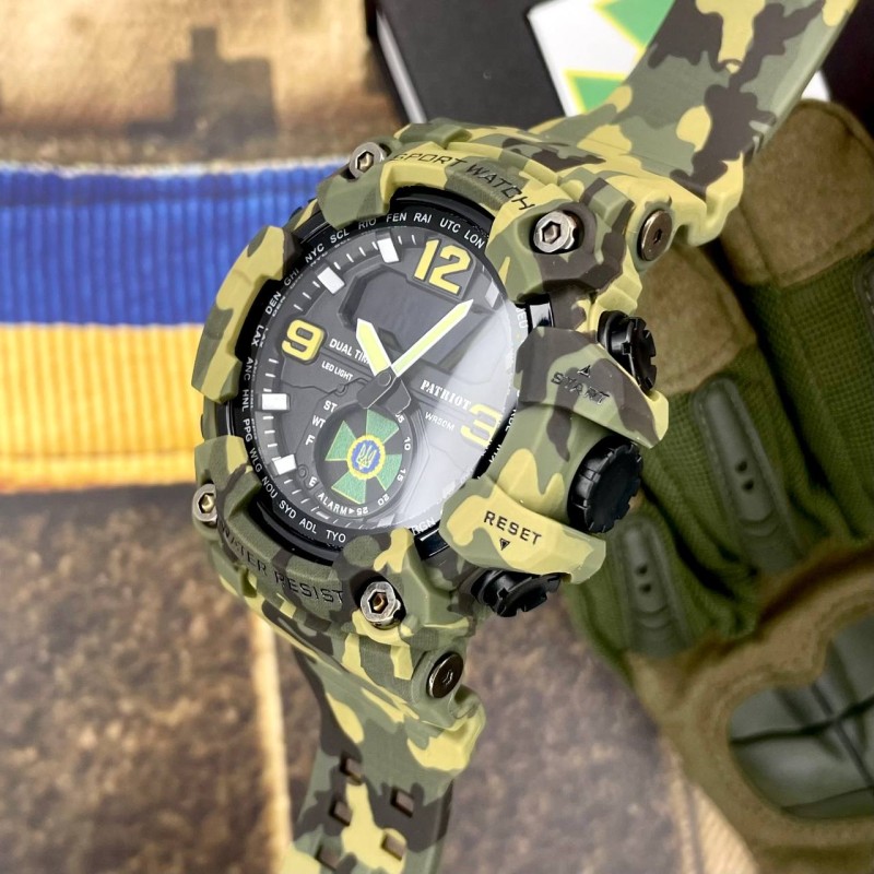 Чоловічий тактичний годинник Patriot 003CMGRDPS Зелений камуфляж з підсвічуванням та захистом 5 ATM